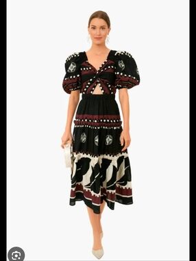 Sea NY Liora Midi Dress with Puff Sleeves, Twist Bust Size 14